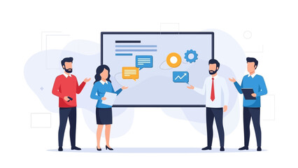 Business team presenting project on a whiteboard, teamwork, strategy, and planning