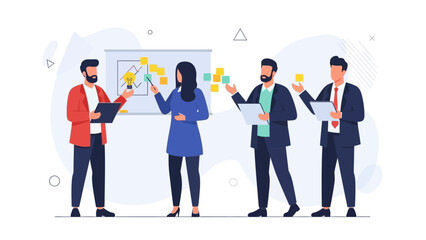 Obraz premium Teamwork brainstorm session with sticky notes and whiteboard