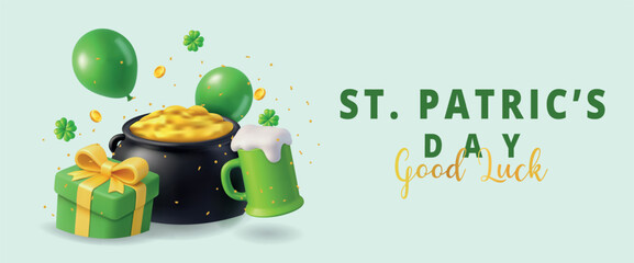 St. Patricks Day greeting banner with pot of gold, beer mug, clovers, balloons and gold coins