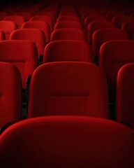 Rows of red theater seats in a darkened cinema auditorium with velvet texture