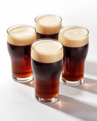 Four glasses of dark beer with creamy foam on top isolated on white background