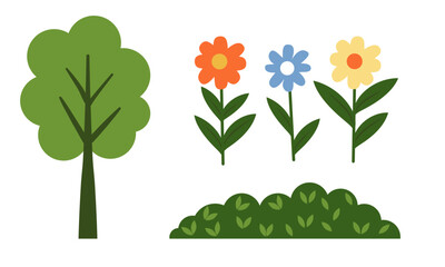 Flat vector sticker set with garden elements: tree, bush and three flowers. Isolated spring plants for gardening, nature themes and decorative compositions. © _Julia_red