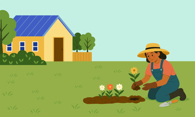 Fototapeta premium Flat vector scene of a woman planting flowers in a garden near her house. Spring gardening activity with soil, plants and tools in a calm outdoor setting.