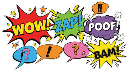 cartoon comic book speech bubbles with wow zap and other sound effects