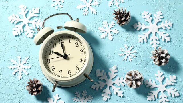 Cream retro alarm clock with white snowflakes and pinecones on a textured blue background.
