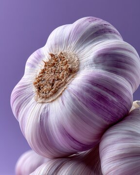 Closeup of garlic bulb on soft lavender background