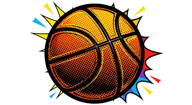 Graphic of basketball with vibrant explosion in comic style  