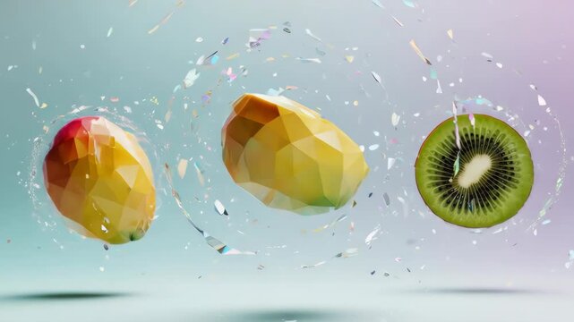 Low-poly fruits floating in space with sparkle effects