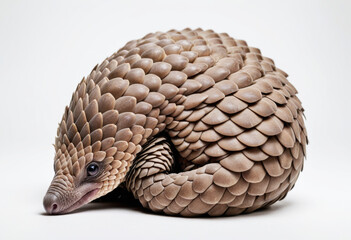 Pangolin curled into a ball, defensive posture, detailed scales, on white studio backdrop