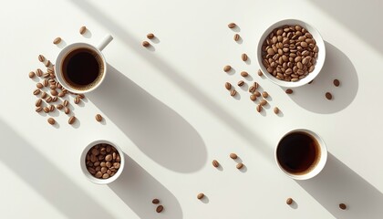 Obraz premium Two cups of dark coffee and two bowls of roasted coffee beans arranged artistically on a clean white surface with natural light.