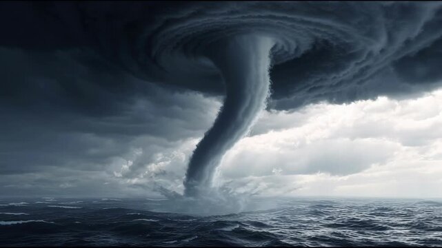 A dramatic view of a colossal water vortex in the open sea. Stormy skies, high waves, and a dangerous natural phenomenon.