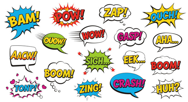 comic book speech bubbles with various onomatopoeia words