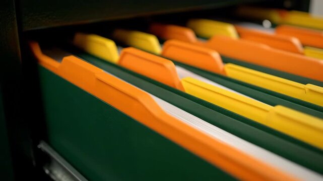 Close-up of a filing cabinet with colorful orange yellow and green folders neatly organized in drawers.