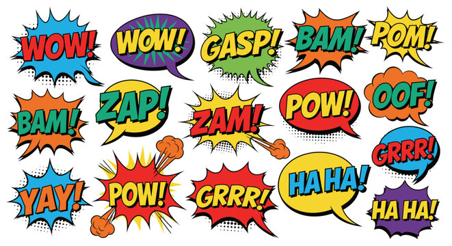Comic book speech bubbles with wow, zap, pow, bam and other expressions