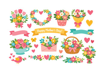 Mother's day flat icon set. featuring flowers, bouquet, heart, ribbon, banner, bird, and gift symbols