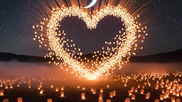 Hundreds of glowing sky lanterns forming a large heart shape against a starry night sky with a crescent moon, romantic and magical scene