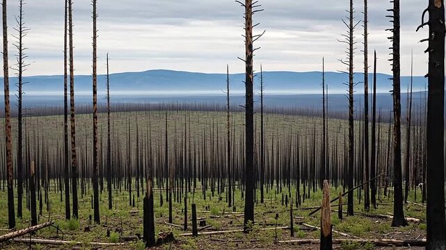 Haunting landscape of a burned forest with numerous dead trees standing tall, showing the aftermath of a wildfire and the first signs of green regeneration on the forest floor with mountains