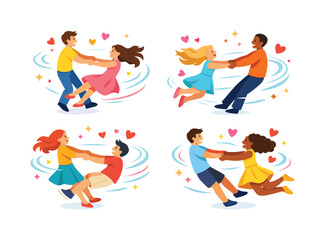 Obraz premium Dancing couples flat icon set. featuring romance, joy, happiness, swing, twirl, spin, partner, unity, and fun symbols