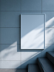Obraz premium Blank white poster frame on a tiled wall with natural light and shadows