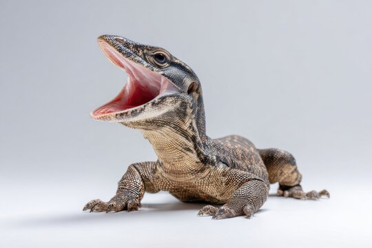 Bengal monitor lizard opens mouth wide in studio