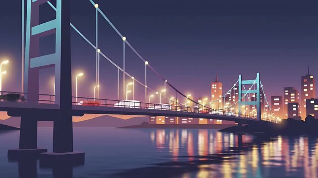 Suspension bridge connecting city skyline over water at night