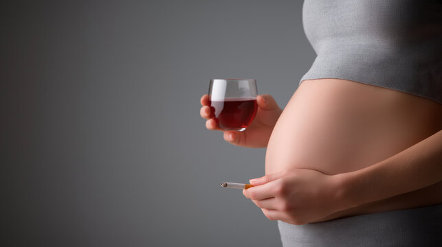 Pregnant woman holding a glass of red wine and a cigarette, highlighting harmful prenatal alcohol and smoking exposure, addiction risk and threats to fetal health and development, copy space