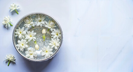Bowl of jasmine flowers floating in water for Songkran celebration, copy space  