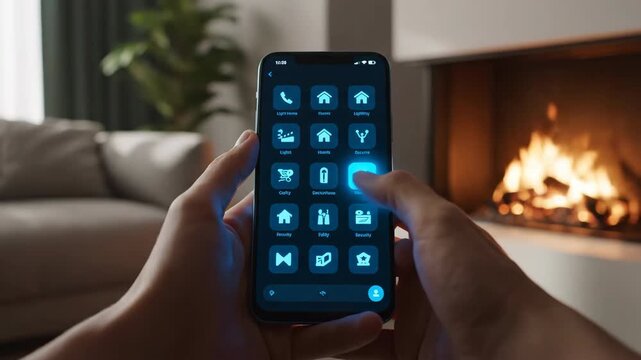 Close-up of hands using a smartphone app to control smart home devices with a fireplace in the background.