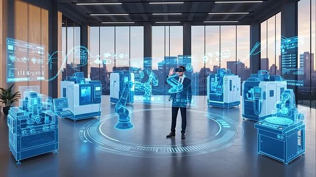 Businessman using VR headset to interact with virtual industrial machines in a modern smart factory office.