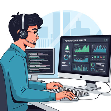 Man wearing headset working on computer with performance alerts dashboard