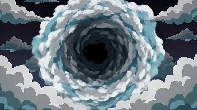 Wreath-shaped cloud vortex surrounded by stylized clouds in dark sky