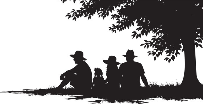 Silhouette of a family sitting under a large tree's shade on a sunny day, enjoying a peaceful moment together.