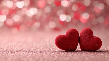 Obraz premium red hearts on a pink glitter background, small heart-shaped bokeh lights