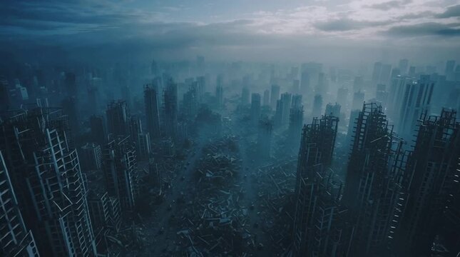 An aerial view of a devastated post-apocalyptic city. The remains of skyscrapers and ruins are shrouded in a misty haze. Conceptually suggesting the aftermath of war, environmental disaster, or global