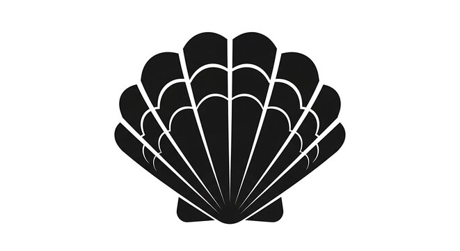 A black and white graphic depiction of an open, detailed seashell on a white background