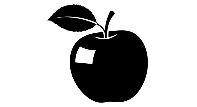 A black and white illustration of a glossy apple with a leaf, set against a white background