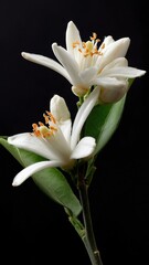 Obraz premium Elegant orange blossom with white petals and green leaves on black background, perfect for fragrance, beauty, and botanical commercial projects