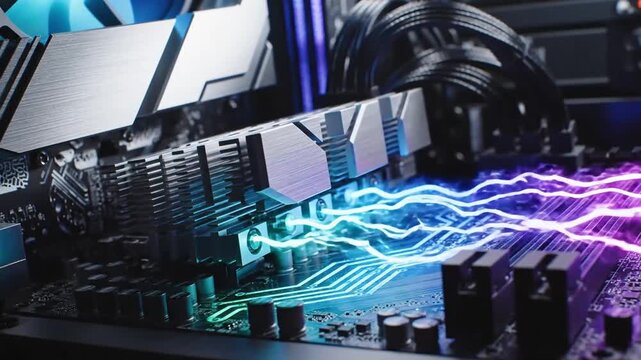 Futuristic computer hardware showcasing a glowing energy flow through a modern graphics card and motherboard representing power speed and advanced technology
