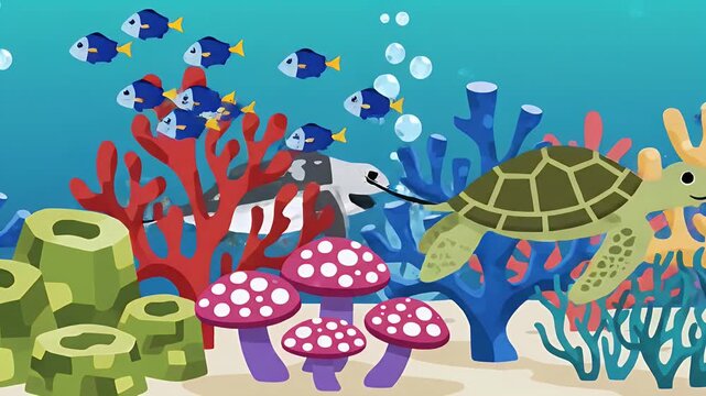 Cartoon sea turtle and fish in vibrant underwater coral reef