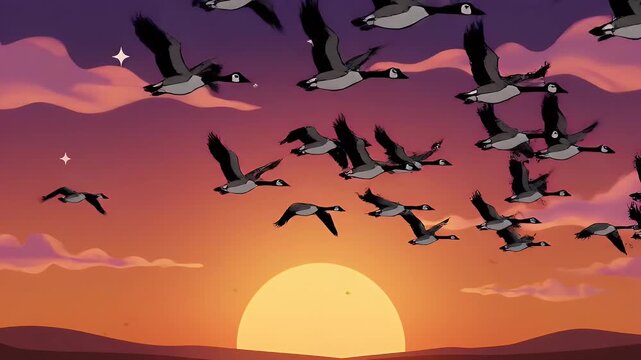 Cartoon geese flying in V formation during vibrant sunset