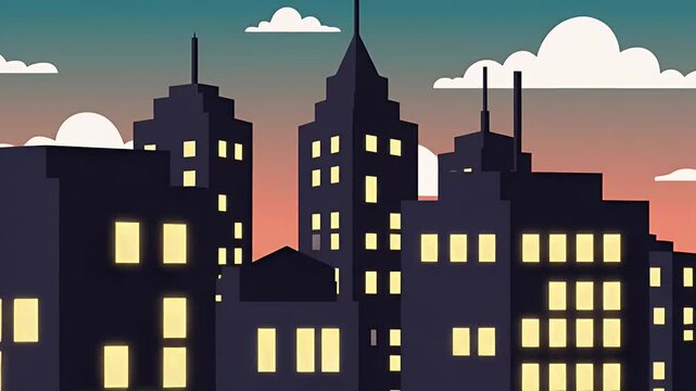 City skyline with illuminated windows at dusk or night