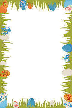 Vertical Easter frame with green grass and colorful decorative eggs, leaving empty copy space in the center. Ideal for holiday cards, posters, invitations, banners and seasonal designs