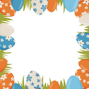 Vertical Easter frame with colorful decorative eggs and green grass border, creating empty copy space in the center. Perfect for greeting cards, invitations, posters, banners and seasonal layouts.
