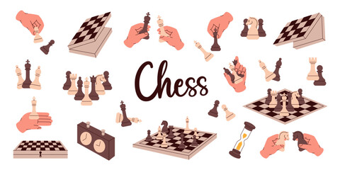 Minimalist vector chess illustrations with pieces, boards, clocks and hands in modern style