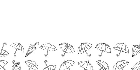 Minimal umbrella border with linear outline at the bottom of the frame. Simple vector seasonal design for weather and rain protection themes © Lifeking