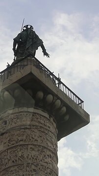Statue Atop Colonna di Marco Aurelio, Ancient Roman Landmark, Rome, Italy - 4K Vertical