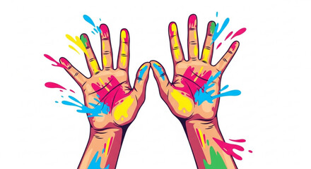 Colorful hands with paint splatters raised up in creative expression and artistic freedom