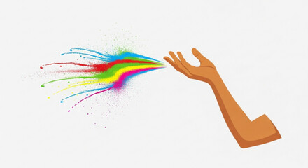 Hand releasing colorful rainbow paint splash on white background