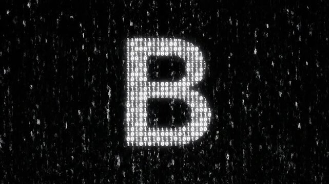 Abstract digital rain of binary code forming the letter B.