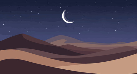 Obraz premium Serene desert night illustration showcasing majestic sand dunes beneath a sparkling star-filled sky and bright crescent moon, perfect for Ramadan Kareem 2026